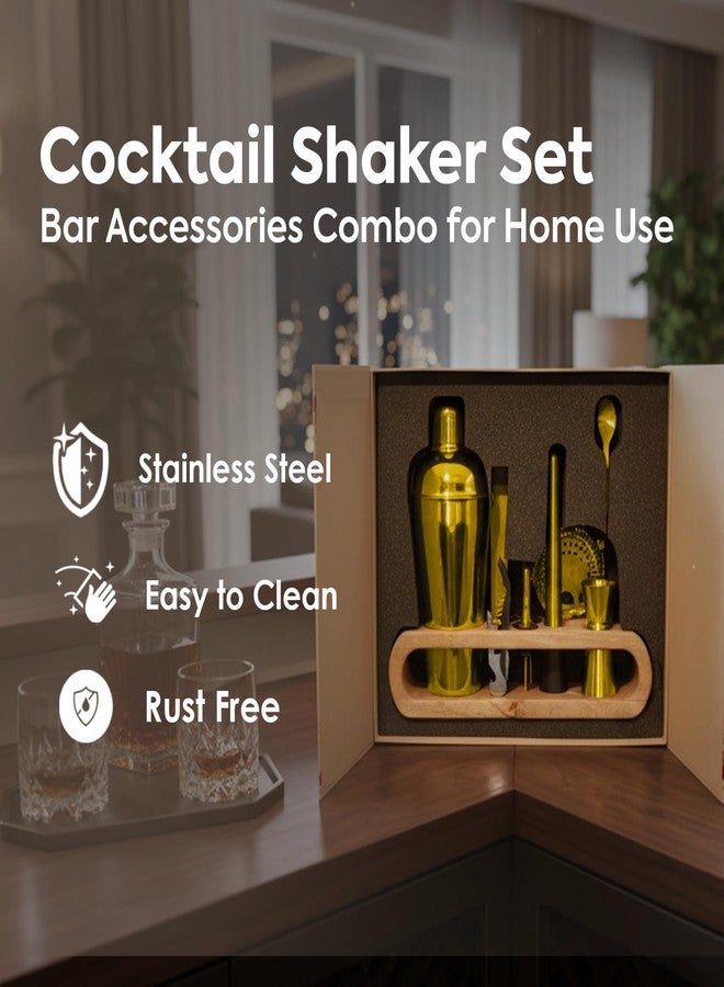 Perch O Holic Cocktail Shaker Gift Set | 10-Piece Stainless Steel Bartender Kit with Mango Wooden Stand| Accessories for Home Bar|Gift Box for Winters, Birthday, Wedding, Anniversary, Christmas|Golden - Image 3